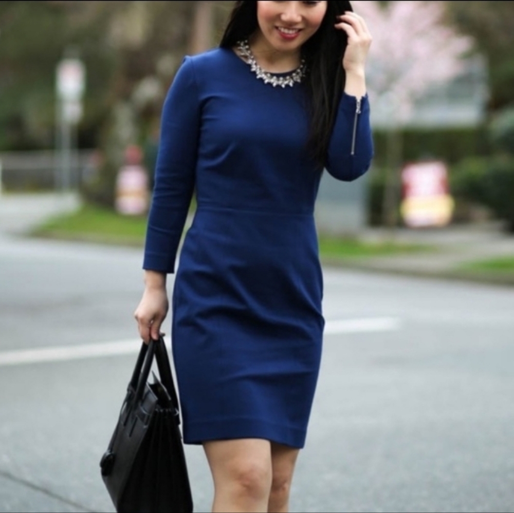 NWOT J.crew Blue Structured Knit Ponte 3/4 Zip Sleeve Midi Sheeth Dress sz 10